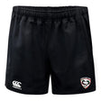The Loudoun Women's Advantage Short 2.0 by EMB Canterbury showcases the Canterbury logo on the left and a Leicester Tigers emblem on the right. Made with recycled materials, these shorts provide an ideal combination of performance and sustainability for any game.
