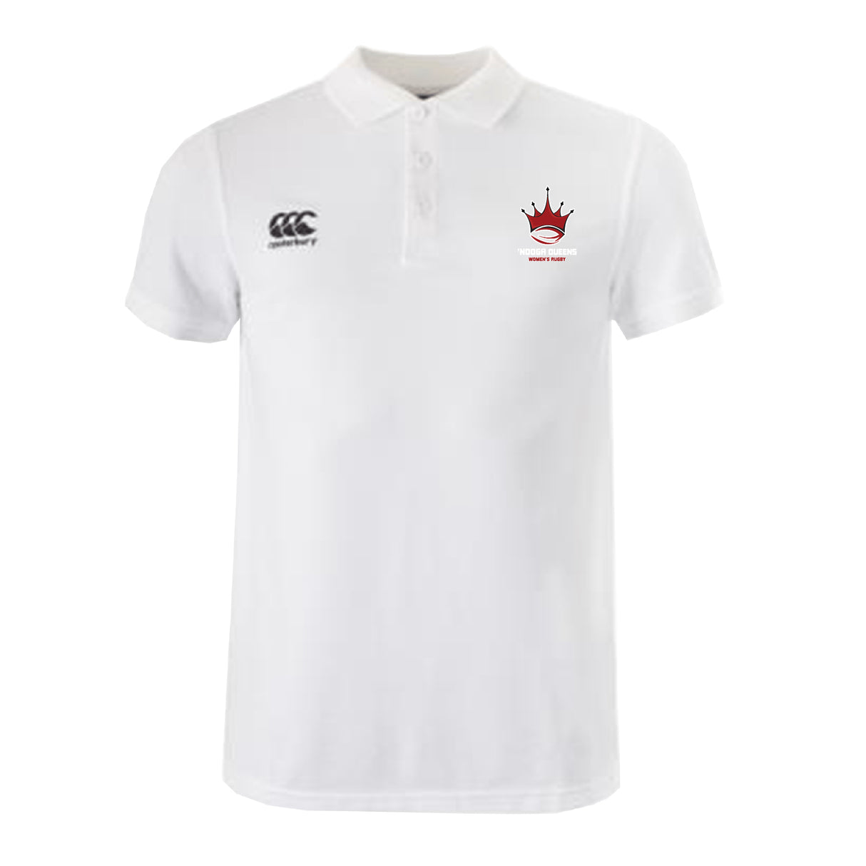 The Chattanooga Queens Rugby Waimak Polo by EMB Canterbury features a classic collar, three-button placket, black Canterbury logo on the right chest, and red crown emblem with text on the left—ideal for rugby fans.