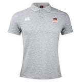 The Chattanooga Queens Rugby Waimak Polo by EMB Canterbury is a light grey, short-sleeved collared polo with a white Canterbury logo and red and black embroidered chest emblem—ideal for rugby fans.