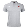 The Chattanooga Queens Rugby Waimak Polo by EMB Canterbury is a light grey, short-sleeved collared polo with a white Canterbury logo and red and black embroidered chest emblem—ideal for rugby fans.