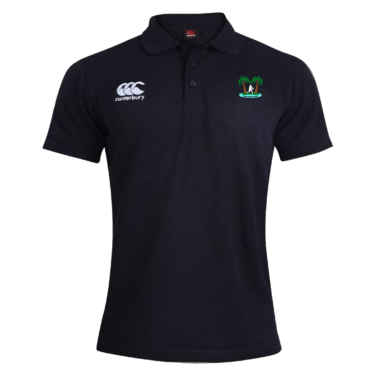 The Twin Island Rugby Waimak Polo by EMB Canterbury is a black short-sleeve rugby shirt with the iconic logo on the right chest and a palm tree logo on the left—a classic men’s polo for any occasion.