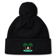 Stay warm in the Twin Island Rugby Pom Pom Beanie by EMB Canterbury. This black knit, fleece-lined beanie features a pom-pom, embroidered rugby player between two palm trees, and "TWIN ISLAND RUGBY" text.