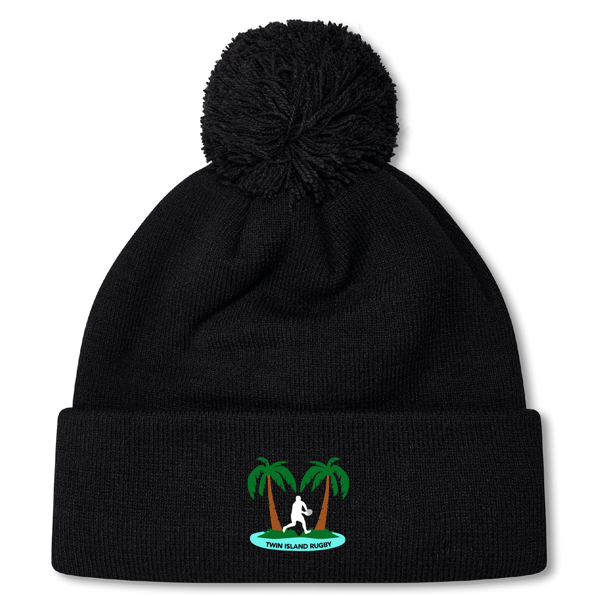 Stay warm in the Twin Island Rugby Pom Pom Beanie by EMB Canterbury. This black knit, fleece-lined beanie features a pom-pom, embroidered rugby player between two palm trees, and "TWIN ISLAND RUGBY" text.