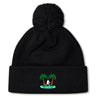 Stay warm in the Twin Island Rugby Pom Pom Beanie by EMB Canterbury. This black knit, fleece-lined beanie features a pom-pom, embroidered rugby player between two palm trees, and "TWIN ISLAND RUGBY" text.