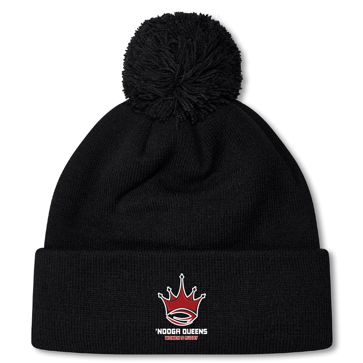 The Chattanooga Queens Rugby Pom Pom Beanie by EMB Canterbury is a black knit beanie with a pom-pom, fleece lining for warmth, and an embroidered red crown logo above the words "Noodga Queens Kapamilya Queens.