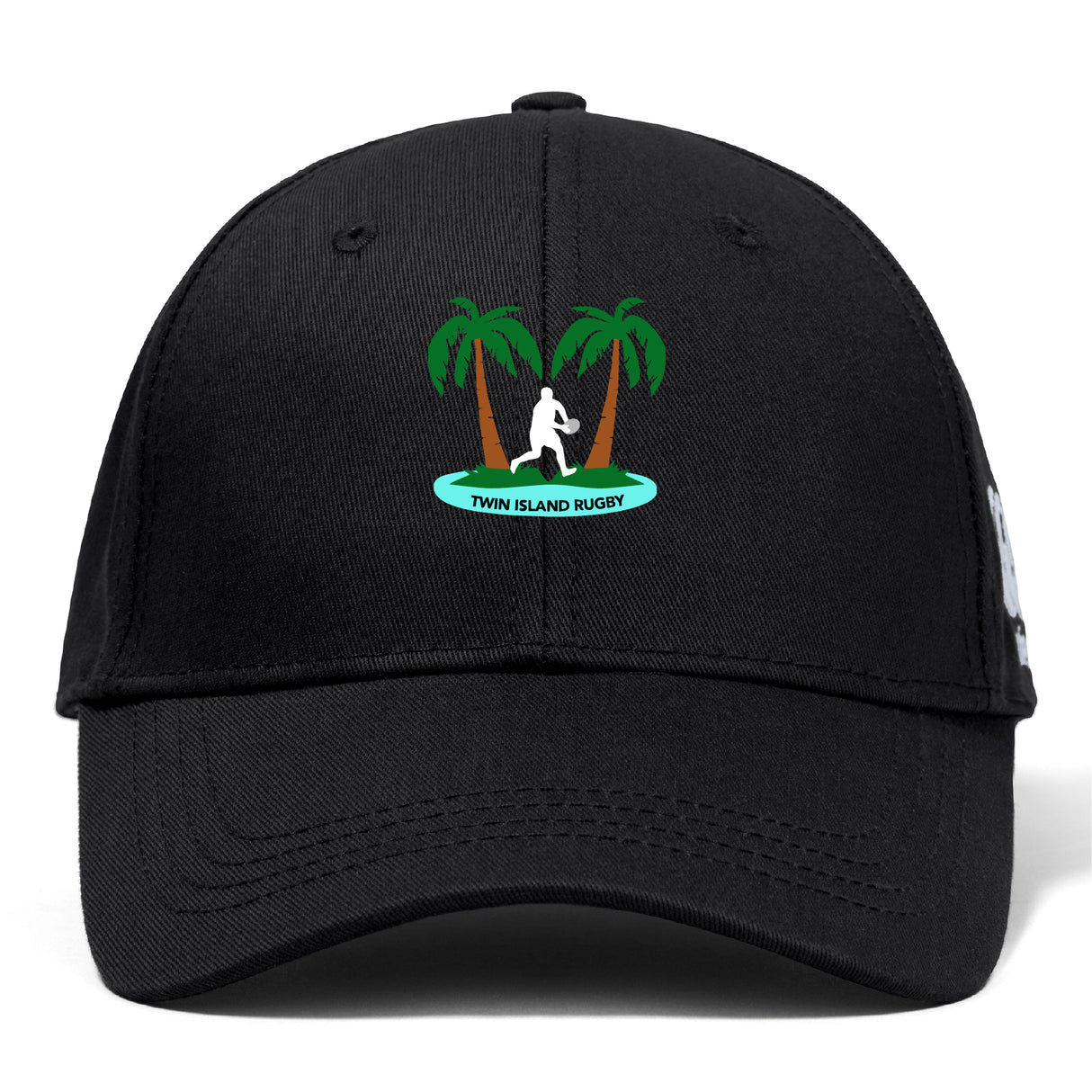 The Twin Island Rugby Flexfit Drill Cap by EMB Canterbury features a black curved brim, embroidered two palm trees, rugby player silhouette, and "Twin Island Rugby" text on the front for comfort and style.