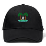 The Twin Island Rugby Flexfit Drill Cap by EMB Canterbury features a black curved brim, embroidered two palm trees, rugby player silhouette, and "Twin Island Rugby" text on the front for comfort and style.