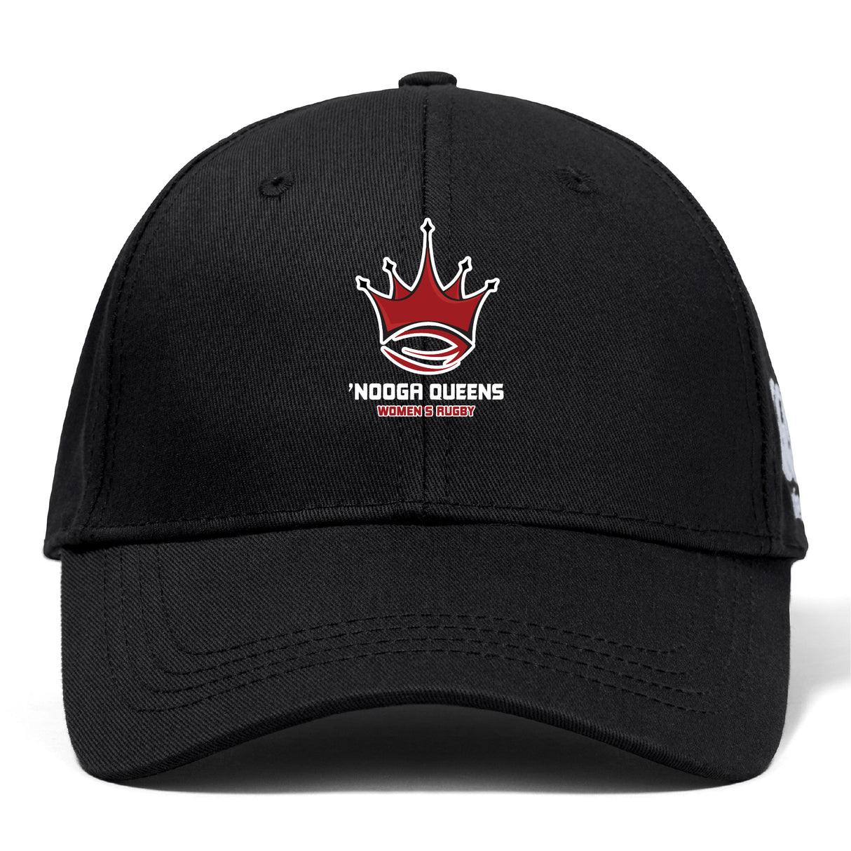 The Chattanooga Queens Rugby Flexfit Drill Cap by EMB Canterbury is a black cap with a curved brim, featuring a red and white embroidered crown logo above "'NOOGA QUEENS WOMEN'S RUGBY" on the front.