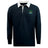 The EMB Mudoo Twin Island Rugby Classic Long Sleeve Solid Jersey features a white collar, black cotton-poly blend fabric, and an embroidered lounging figure under palm trees on the left chest.
