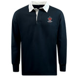 The EMB Mudoo Chattanooga Queens Rugby Classic Long Sleeve Solid Rugby Jersey is a black vintage-inspired shirt with a white collar and a red and white crown logo featuring "MODERN CLASSICS" on the left chest.