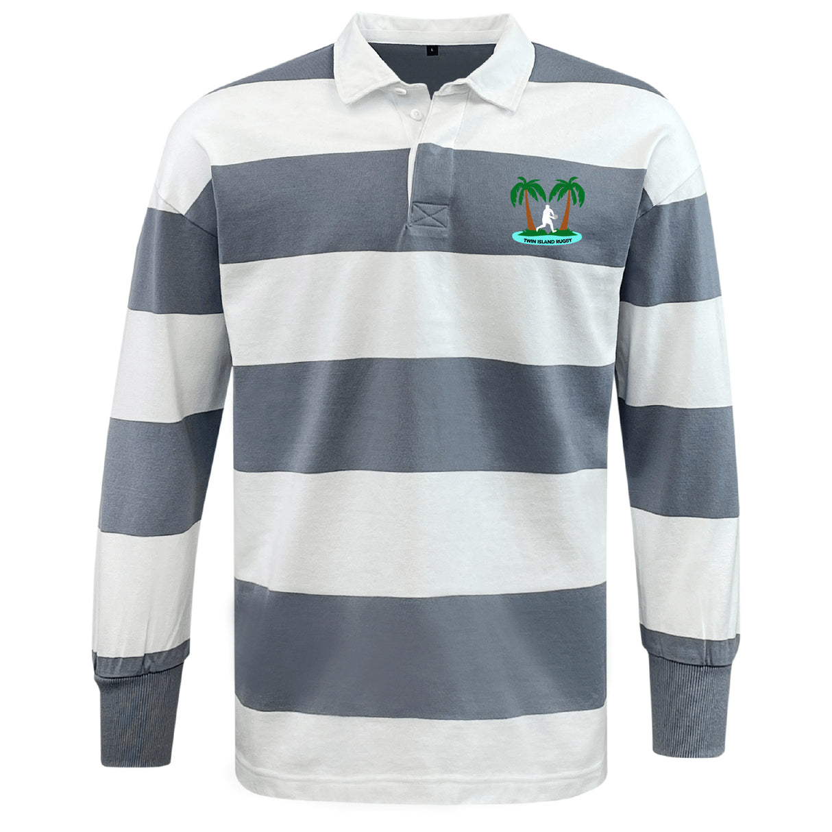 The EMB Mudoo Twin Island Rugby Classic Long Sleeve Hooped Rugby Jersey features wide gray and white stripes and an embroidered palm tree logo on the left chest.