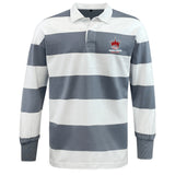 The Chattanooga Queens Rugby Classic Long Sleeve Hooped Rugby Jersey by EMB Mudoo features wide gray and white stripes, a collar, and an embroidered "WINNER QUEENS" crown logo on the left chest.