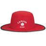 The EMB Augusta Nations of Rugby Canada Rugby Perforated Boonie Cap is a red, wide-brim hat with black trim, "CANADA RUGBY" text, and a white maple leaf emblem on the front—ideal for any rugby supporter.