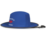 The EMB Augusta Nations of Rugby France Rugby Legend Boonie Cap is a blue wide-brim hat with mesh side panels, chin strap, and "FRANCE RUGBY" with a red rooster—ideal for rugby fans seeking breathability and style.