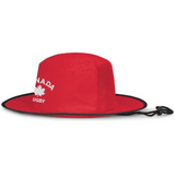 The EMB Augusta Nations of Rugby Canada Rugby Perforated Boonie Cap features a red wide brim, black trim, chin cord, mesh ventilation, and "Canada Rugby" with a maple leaf on the side—perfect for rugby supporters.
