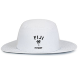 Show your team spirit with the EMB Augusta Nations of Rugby Fiji Rugby Legend Boonie Cap—a white wide-brim hat featuring “Fiji Rugby” and a black palm tree graphic. Perfect gear for sunny rugby match days.