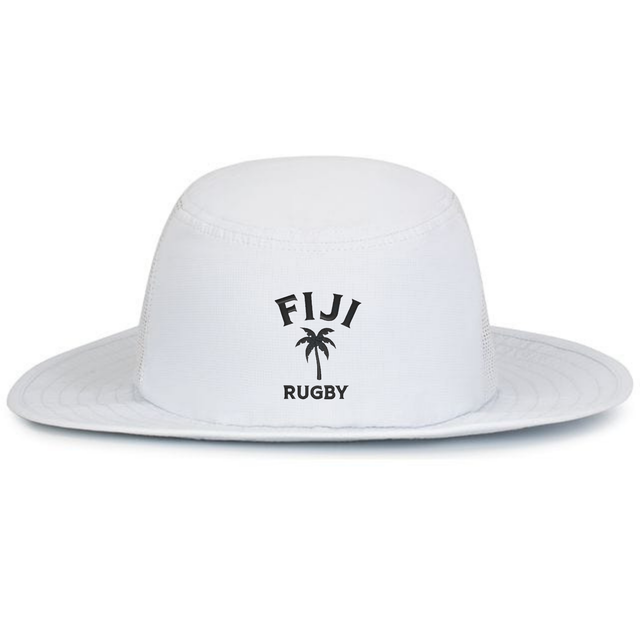 Show your team spirit with the EMB Augusta Nations of Rugby Fiji Rugby Legend Boonie Cap—a white wide-brim hat featuring “Fiji Rugby” and a black palm tree graphic. Perfect gear for sunny rugby match days.