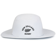 The EMB Augusta Nations of Rugby New Zealand Rugby Legend Boonie Cap features a white wide brim and "New Zealand Rugby" with fern graphic in black—an ideal hat for any rugby supporter’s collection.