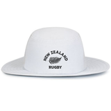 The EMB Augusta Nations of Rugby New Zealand Rugby Legend Boonie Cap features a white wide brim and "New Zealand Rugby" with fern graphic in black—an ideal hat for any rugby supporter’s collection.
