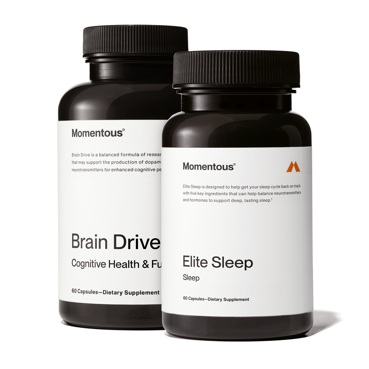 The Momentous Brain Drive + Elite Sleep Stack features two black bottles against a white background, highlighting supplements designed for brain health and sleep support.