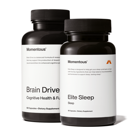 The Momentous Brain Drive + Elite Sleep Stack features two black bottles against a white background, highlighting supplements designed for brain health and sleep support.