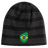 A dark gray knit beanie with bold black horizontal stripes and an EMB Canterbury Brazil Shield Beanie patch prominently on the front.