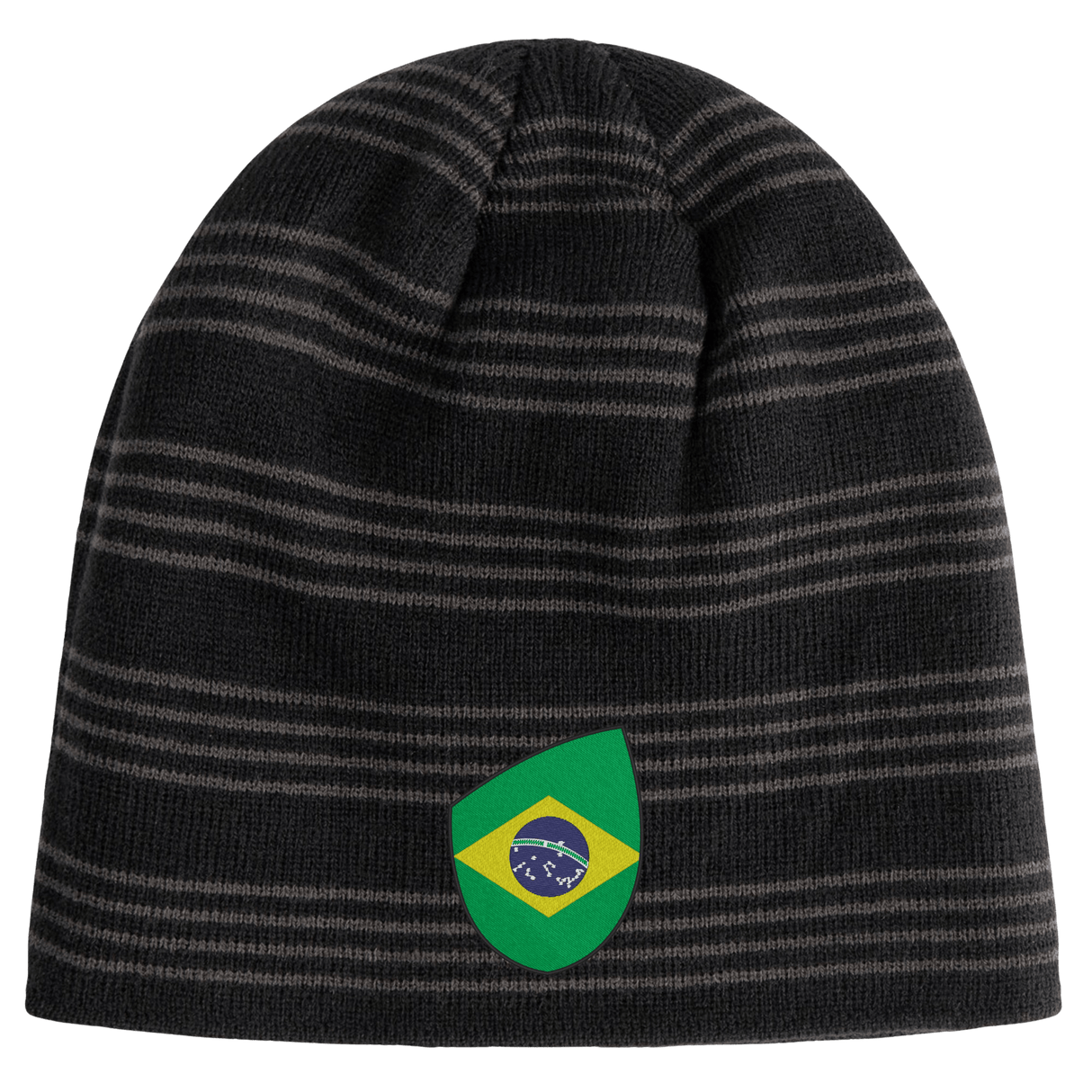 A dark gray knit beanie with bold black horizontal stripes and an EMB Canterbury Brazil Shield Beanie patch prominently on the front.