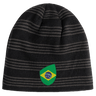 A dark gray knit beanie with bold black horizontal stripes and an EMB Canterbury Brazil Shield Beanie patch prominently on the front.