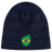 A navy blue beanie with dark stripes, featuring a patch showcasing a stylized Brazil Shield design by EMB Canterbury.