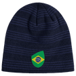 A navy blue beanie with dark stripes, featuring a patch showcasing a stylized Brazil Shield design by EMB Canterbury.