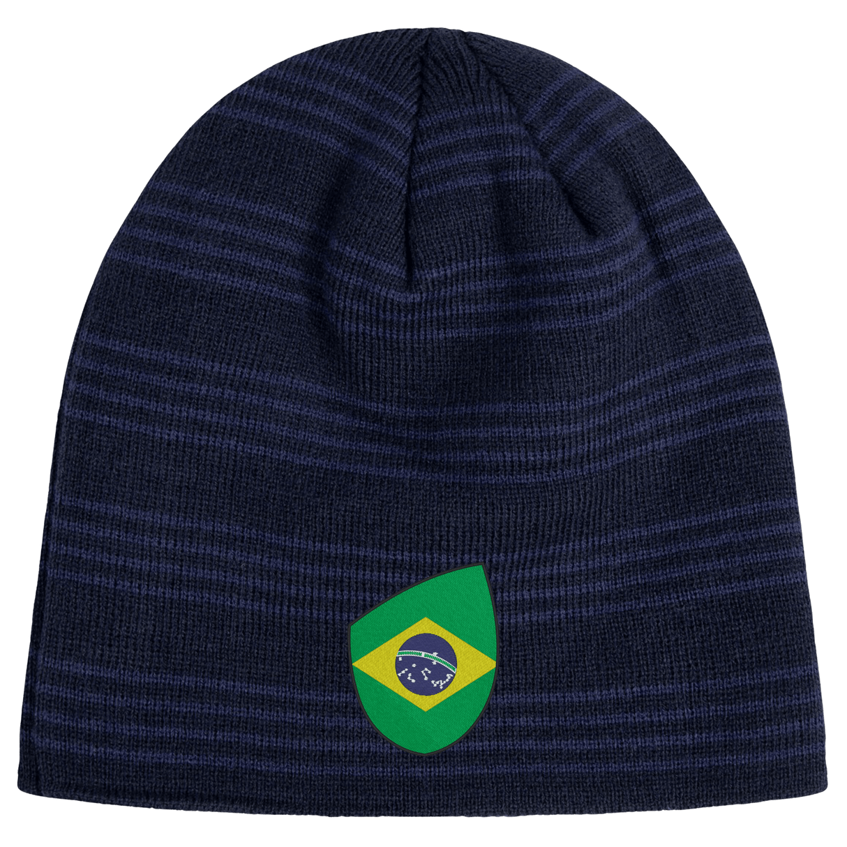 A navy blue beanie with dark stripes, featuring a patch showcasing a stylized Brazil Shield design by EMB Canterbury.