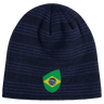 A navy blue beanie with dark stripes, featuring a patch showcasing a stylized Brazil Shield design by EMB Canterbury.