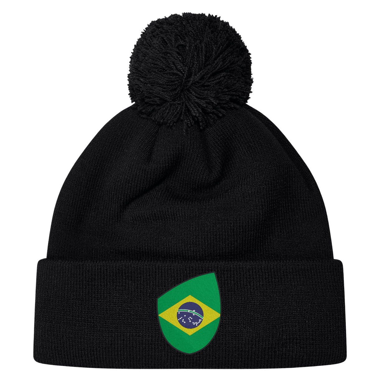 The EMB Canterbury Brazil Shield Pom Pom Beanie features a stylish black design, a charming pom-pom on top, and a vibrant Brazil flag patch on the front.