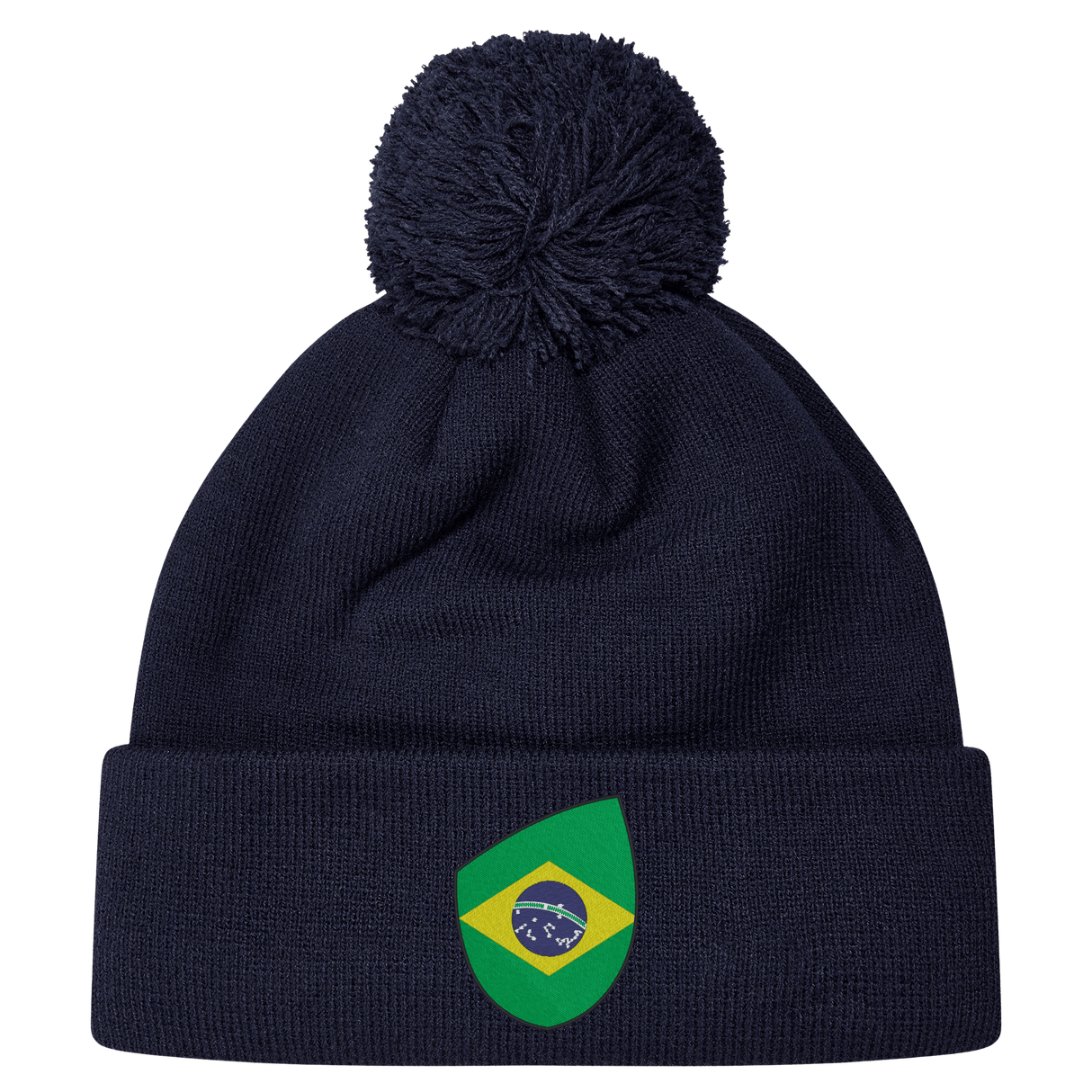 The EMB Canterbury Brazil Shield Pom Pom Beanie in navy blue features a colorful green and yellow patch with a map design, topped with a playful pom pom.