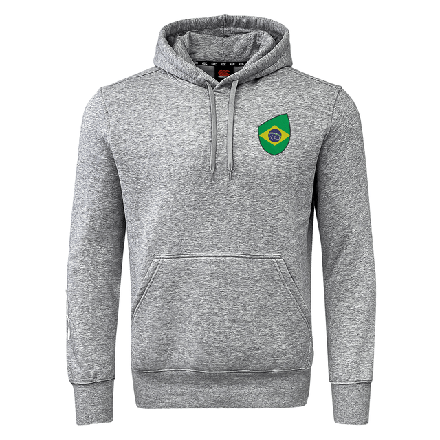 The Brazil Shield Club Hoodie by EMB Canterbury is a premium gray sweatshirt fleece, featuring a green shield logo and circular emblem on the chest, with Canterbury sleeve branding and a front pouch pocket.