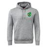 The Brazil Shield Club Hoodie by EMB Canterbury is a premium gray sweatshirt fleece, featuring a green shield logo and circular emblem on the chest, with Canterbury sleeve branding and a front pouch pocket.