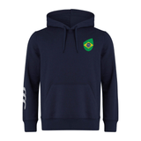 The Brazil Shield Club Hoodie by EMB Canterbury in navy blue is made from premium sweatshirt fleece, featuring a Brazil flag patch on the chest and Canterbury sleeve branding with white stripes.