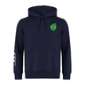 The Brazil Shield Club Hoodie by EMB Canterbury in navy blue is made from premium sweatshirt fleece, featuring a Brazil flag patch on the chest and Canterbury sleeve branding with white stripes.