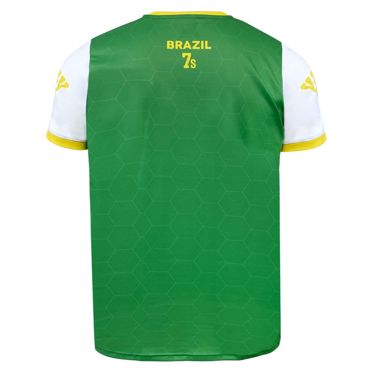 Green and white sports jersey with the name "Brazil" and number "7" on the back, featuring advanced VapoDraw technology for optimal comfort—a true Nations of Rugby Brazil Sevens Rugby Flag Jersey by Admiral, perfect for avid Brazil Sevens Rugby fans.