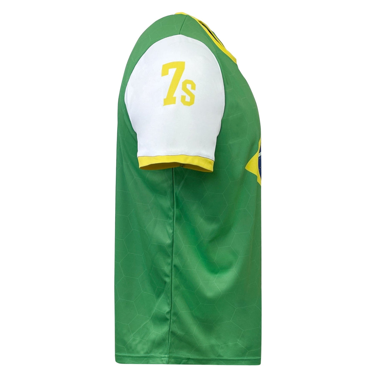 Side view of a green sports jersey with white sleeves and yellow accents, inspired by the Brazil Sevens Rugby team. The number "7s" is printed in yellow on the left sleeve, making it the perfect Admiral Nations of Rugby Brazil Sevens Rugby Flag Jersey.
