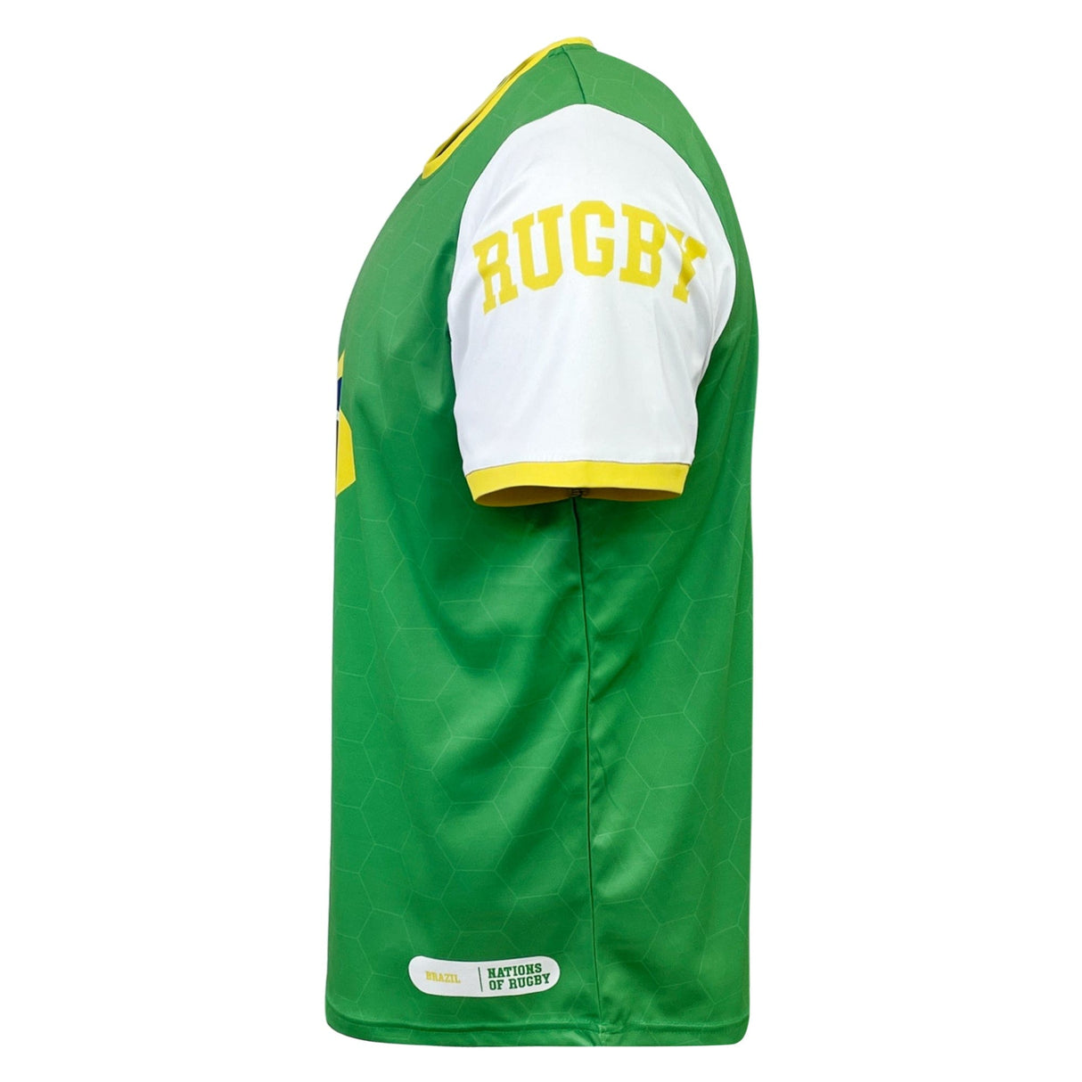 A green and white Nations of Rugby Brazil Sevens Rugby Flag Jersey with the word "RUGBY" printed in large yellow letters on the right sleeve, viewed from the side, perfect for any Brazil Sevens Rugby fan by Admiral.
