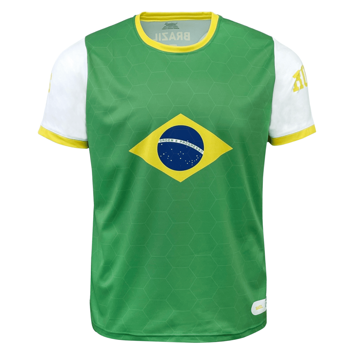 An Admiral Nations of Rugby Brazil Sevens Rugby Flag Jersey featuring the Brazilian flag emblem in the center, with white sleeves and yellow accents on the sleeves and collar.