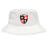The EMB S&S Activewear Rye High School Rugby Crusher Bucket Cap is a white cotton twill hat with a "Rye Rugby" crest patch in red, black, and white—featuring rugby ball, dragon, and lion symbols for stylish sun protection.