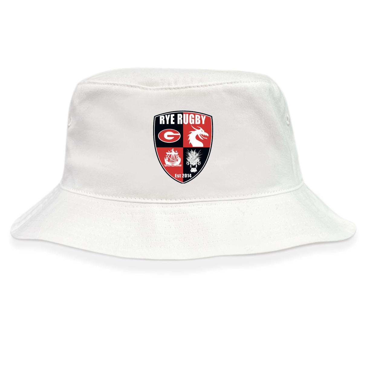 The EMB S&S Activewear Rye High School Rugby Crusher Bucket Cap is a white cotton twill hat with a "Rye Rugby" crest patch in red, black, and white—featuring rugby ball, dragon, and lion symbols for stylish sun protection.