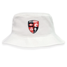 The EMB S&S Activewear Rye High School Rugby Crusher Bucket Cap is a white cotton twill hat with a "Rye Rugby" crest patch in red, black, and white—featuring rugby ball, dragon, and lion symbols for stylish sun protection.