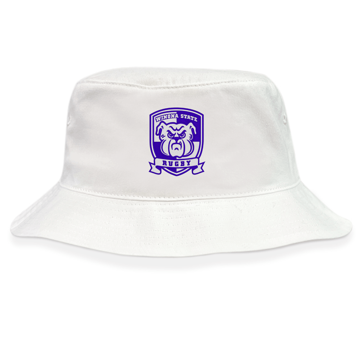 A white Winona State University Crusher Bucket Cap crafted from cotton twill, featuring a purple crest with a lion and the words "Virginia State Rugby," offering both style and sun protection by EMB Alpha Broder.
