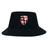 The Rye High School Rugby Crusher Bucket Cap by EMB S&S Activewear features red, black, and white panels with animal icons and “Est 2014”—ideal for stylish sun protection.
