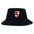 The Rye High School Rugby Crusher Bucket Cap by EMB S&S Activewear features red, black, and white panels with animal icons and “Est 2014”—ideal for stylish sun protection.