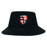 The Rye High School Rugby Crusher Bucket Cap by EMB S&S Activewear features red, black, and white panels with animal icons and “Est 2014”—ideal for stylish sun protection.