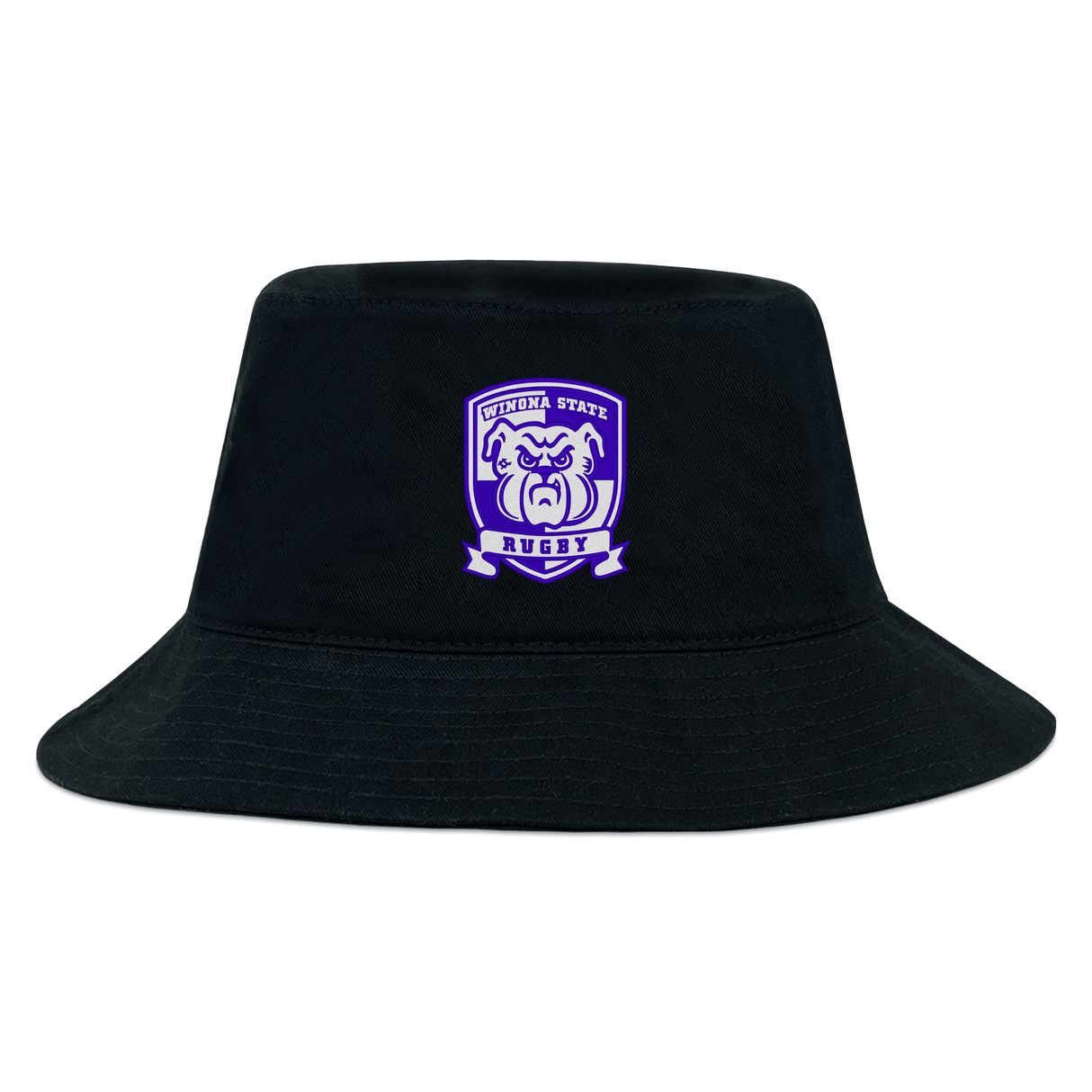 The Winona State University Crusher Bucket Cap crafted from durable cotton twill, featuring the emblem of a rugby team with a fierce bulldog and text reading "INONDA STATE RUGBY." This stylish EMB Alpha Broder bucket cap offers excellent sun protection.